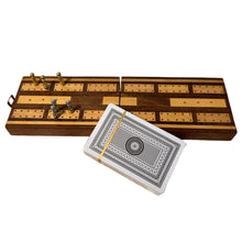 Load image into Gallery viewer, Folding Wooden Cribbage Board and Travel Set with Cards and Metal Scoring Pins – Compact, Portable Cribbage Game Box
