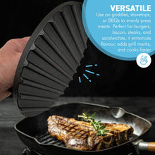 Load image into Gallery viewer, 𝗛𝗘𝗔𝗩𝗬 𝗗𝗨𝗧𝗬 𝗖𝗔𝗦𝗧 𝗜𝗥𝗢𝗡 𝗦𝗧𝗘𝗔𝗞 𝗣𝗥𝗘𝗦𝗦: 17cm (7in) Non-Stick Round Grill Press | Wooden Handle for Burgers, Bacon &amp; Steaks | Flat Top Griddle | BBQ Meat Press
