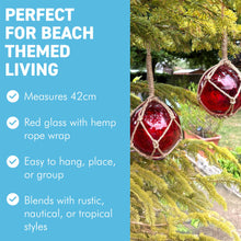 Load image into Gallery viewer, TWO DEEP RED GLASS FISHING FLOAT ORNAMENTAL SEA BUOY | hand blown | nautical seafaring fishing rustic décor | 10cm diameter | with rustic brown string netting and hanging loop | Japanese style glass fishing floats
