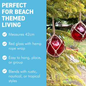 TWO DEEP RED GLASS FISHING FLOAT ORNAMENTAL SEA BUOY | hand blown | nautical seafaring fishing rustic décor | 10cm diameter | with rustic brown string netting and hanging loop | Japanese style glass fishing floats