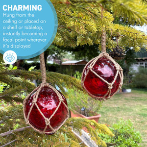 TWO DEEP RED GLASS FISHING FLOAT ORNAMENTAL SEA BUOY | hand blown | nautical seafaring fishing rustic décor | 10cm diameter | with rustic brown string netting and hanging loop | Japanese style glass fishing floats