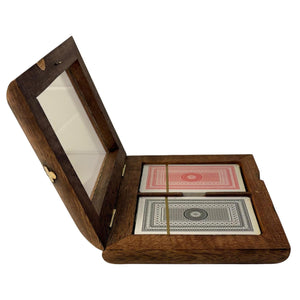 𝗟𝗨𝗫𝗨𝗥𝗬 𝗪𝗢𝗢𝗗𝗘𝗡 𝗣𝗟𝗔𝗬𝗜𝗡𝗚 𝗖𝗔𝗥𝗗 𝗕𝗢𝗫 – 2 Decks, Brass Inlay, clear hinged lid