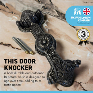 CAST IRON DOOR KNOCKER REGENCY DESIGN WITH ANTIQUE IRON FINISH | 23cm x 7.5cm | Fixing Bolts included | Handmade front door knocker | loud door knocker | Vintage charm with timeless elegance.
