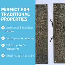 Load image into Gallery viewer, Set of 2 Aztec Ornate Antique Iron Push Finger Plates – Traditional Cast Iron Door Protection
