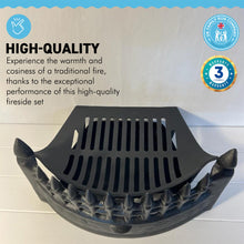Load image into Gallery viewer, 16" Solid Cast IRON FIREPLACE GRATE SET – Castle Front Design with Ash Pan &amp; Steel Log Tongs for Traditional Home Fireplaces
