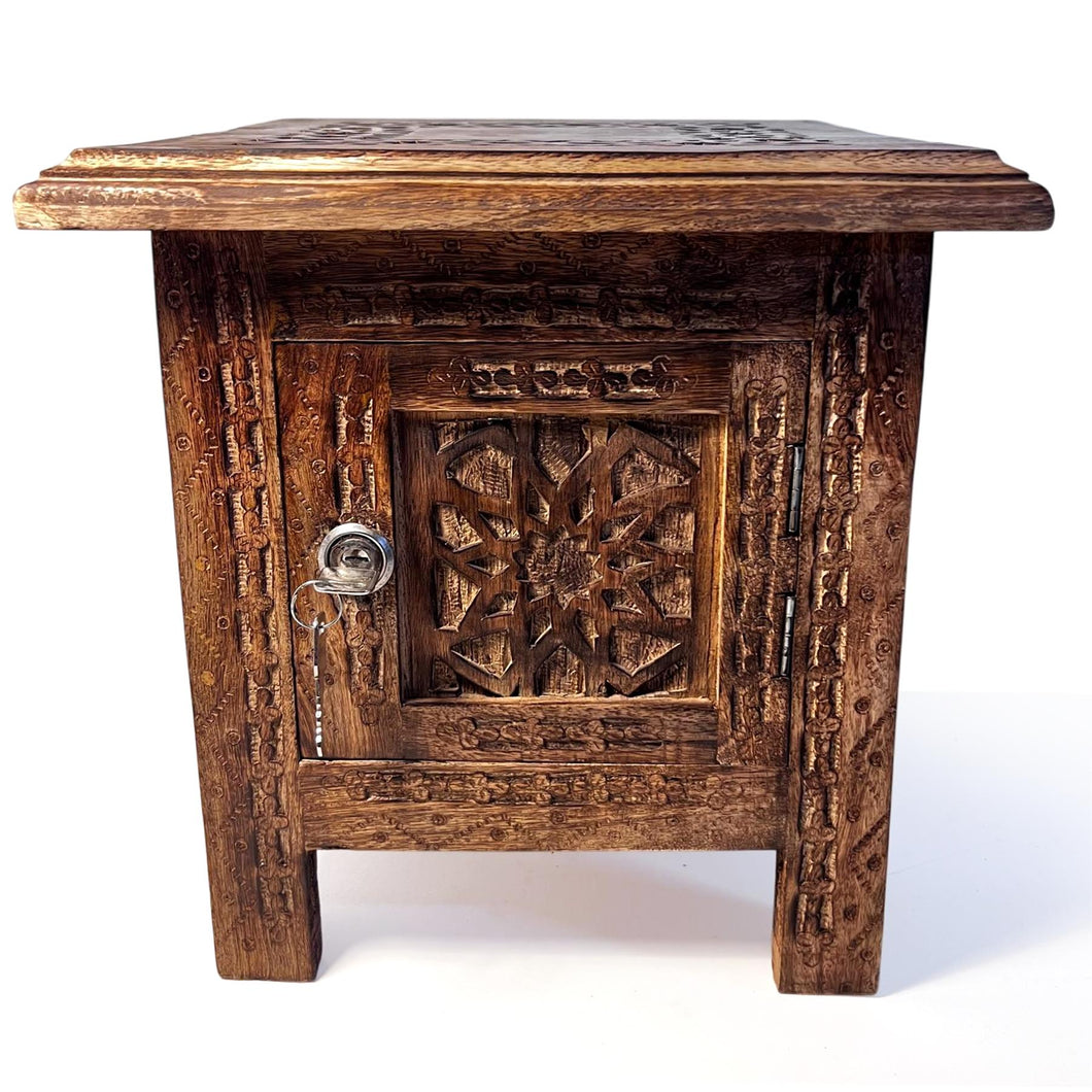 Folding Wooden Side Table with lockable storage, Decorative Wooden Side Table with cutwork detail, Bedside Table