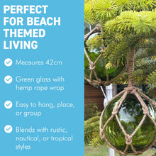 Load image into Gallery viewer, TWO DEEP GREEN GLASS FISHING FLOAT ORNAMENTAL SEA BUOY | hand blown | nautical seafaring fishing rustic décor | 10cm diameter | with rustic brown string netting and hanging loop | Japanese style glass fishing floats
