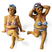 Load image into Gallery viewer, 2 Retro Style Fat Bathing Ladies in Striped Bikinis, Novelty Bathroom Figurines
