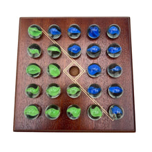 Load image into Gallery viewer, Knights marble game with wooden board | Played using the Knights move as in chess | Quirky solitaire marble game | includes 24 glass marbles and wooden board | 14cm x 14cm
