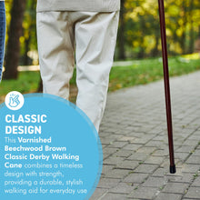 Load image into Gallery viewer, Varnished Beechwood Brown Classic Derby Walking Stick,  solid, lightweight wooden stick with rubber ferrule for stability and comfort
