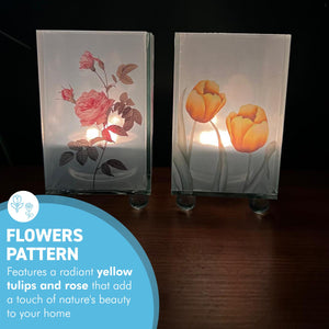 Set of 2 Floral Glass Votive Candle Holders, Yellow tulip and Rose, Decorative Accent for Warm Ambiance, Ideal for Home Decor, Gifts & Special Occasions