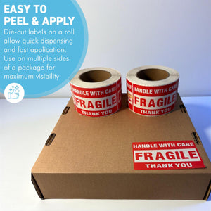 Two Rolls Premium Fragile Warning Stickers – Self-Adhesive “Fragile Handle with Care” Shipping Labels, 1000 Stickers per Roll, Bright Red & White, Waterproof & Tear-Resistant, for Boxes, Parcels & Packages
