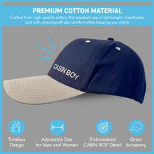 Load image into Gallery viewer, Cabin Boy Adjustable Navy Blue Baseball Cap, classic unisex cotton hat for casual, sports &amp; outdoor wear
