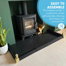 Load image into Gallery viewer, 𝗔𝗗𝗝𝗨𝗦𝗧𝗔𝗕𝗟𝗘 𝗕𝗟𝗔𝗖𝗞 𝗙𝗜𝗥𝗘 𝗙𝗘𝗡𝗗𝗘𝗥 𝗪𝗜𝗧𝗛 𝗣𝗢𝗟𝗜𝗦𝗛𝗘𝗗 𝗙𝗜𝗡𝗜𝗔𝗟𝗦 (𝟭𝟰𝟱𝗰𝗺 𝗠𝗮𝘅 𝗟𝗲𝗻𝗴𝘁𝗵) | Self Assembly | Fireplace Hearth Guard | Protective Barrier to prevent Ash &amp; Spark damage
