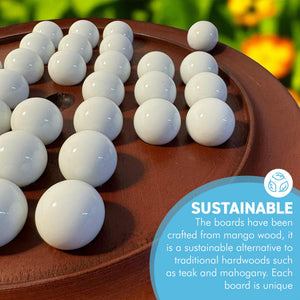 30cm Diameter WOODEN SOLITAIRE BOARD GAME with White MARBLES | classic wooden solitaire game | strategy board game | family board game | games for one