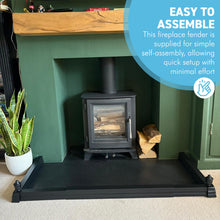 Load image into Gallery viewer, 𝗔𝗗𝗝𝗨𝗦𝗧𝗔𝗕𝗟𝗘 𝗕𝗟𝗔𝗖𝗞 𝗙𝗜𝗥𝗘 𝗙𝗘𝗡𝗗𝗘𝗥 𝗪𝗜𝗧𝗛 𝗕𝗟𝗔𝗖𝗞 𝗙𝗜𝗡𝗜𝗔𝗟𝗦 (𝟭𝟰𝟱𝗰𝗺 𝗠𝗮𝘅 𝗟𝗲𝗻𝗴𝘁𝗵) | Self Assembly | Fireplace Hearth Guard | Protective Barrier to prevent Ash &amp; Spark damage
