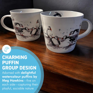 Pair of Puffin Group Mugs, 100% Bone China, Gift for Nature Lovers, Coastal Home Decor