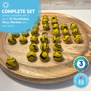 30cm Diameter WOODEN SOLITAIRE BOARD GAME with BUMBLEBEE GLASS MARBLES | classic wooden solitaire game | strategy board game | family board game | games for one | board games