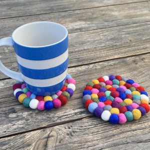 Pair of Handmade Rainbow Wool Felt Ball Mat | Colorful Coaster Trivets | Home Decor Table Mat