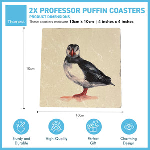 2 x PROFESSOR PUFFIN STONE COASTERS | Stone Coasters | Animal novelty gift | Coaster for glass, mugs and cups| Square coaster for drinks | Puffin gift | Meg Hawkins art | 10cm x 10cm
