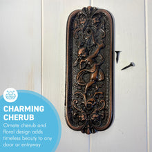Load image into Gallery viewer, Antique Rustic Copper Door Push Plate with Ornate Cherub Design - Vintage Finger Plate Decor
