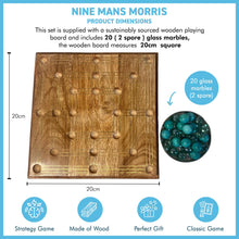 Load image into Gallery viewer, Nine Mans Morris marble game with wooden board | Quirky strategy solitaire marble game | includes 20 glass marbles and wooden board | 14cm x 14cm | Mill Game | Traditional wooden game
