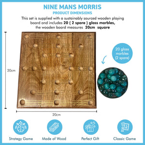 Nine Mans Morris marble game with wooden board | Quirky strategy solitaire marble game | includes 20 glass marbles and wooden board | 14cm x 14cm | Mill Game | Traditional wooden game