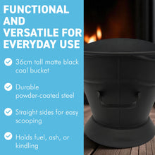 Load image into Gallery viewer, 𝗪𝗔𝗧𝗘𝗥𝗟𝗢𝗢 𝗦𝗧𝗬𝗟𝗘 𝗕𝗟𝗔𝗖𝗞 𝗠𝗔𝗧𝗧 𝗙𝗜𝗡𝗜𝗦𝗛 𝗖𝗢𝗔𝗟 &amp; 𝗔𝗦𝗛 𝗕𝗨𝗖𝗞𝗘𝗧 𝟭𝟲” | H35cm x Dia28cm | Heat-Resistant Metal Bucket for Fireplace | Log Burner or Stove | 𝗙𝗜𝗥𝗘𝗦𝗜𝗗𝗘 Accessory for Ash, Coal &amp; Log Storage
