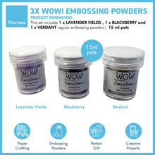 Load image into Gallery viewer, 3 x Wow! Embossing Powders 15ml | LAVENDER FIELDS, BLACKBERRY AND VERDANT regular| Free your creativity and give your embossing sparkle
