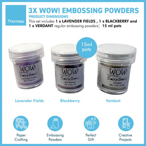 3 x Wow! Embossing Powders 15ml | LAVENDER FIELDS, BLACKBERRY AND VERDANT regular| Free your creativity and give your embossing sparkle