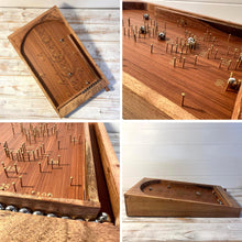 Load image into Gallery viewer, Classic vintage style 𝗧𝗔𝗕𝗟𝗘𝗧𝗢𝗣 𝗣𝗜𝗡𝗕𝗔𝗟𝗟 𝗕𝗔𝗚𝗔𝗧𝗘𝗟𝗟𝗘 𝗚𝗔𝗠𝗘 50cm x 30cm, Spring plunger with brass pins and steel balls, Shesham Rose wood board, vintage traditional pub game
