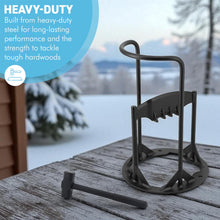 Load image into Gallery viewer, 𝗖𝗔𝗦𝗧 𝗜𝗥𝗢𝗡 𝗪𝗢𝗢𝗗 𝗦𝗣𝗟𝗜𝗧𝗧𝗘𝗥 𝗪𝗜𝗧𝗛 𝗛𝗔𝗠𝗠𝗘𝗥 | 36.5cm (H) (14”) | Wood &amp; Kindling Splitting Tool | Firewood Cutter with Pre-Drilled Base | Splitting Blade | Fireplace Decor
