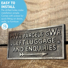 Load image into Gallery viewer, Vintage style 𝗚𝗪𝗥 𝗖𝗔𝗦𝗧 𝗜𝗥𝗢𝗡 𝗟𝗘𝗙𝗧 𝗟𝗨𝗚𝗚𝗔𝗚𝗘 PLAQUE, classic railway memorabilia Sign, 15cm x 7.5cm x 0.5cm
