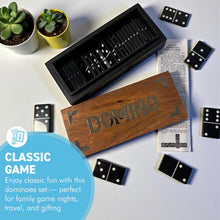 Load image into Gallery viewer, DOMINOES SET IN WOODEN STORAGE BOX – Chrome Inlay Lid – Resin Tiles – Classic Game for Family &amp; Friends
