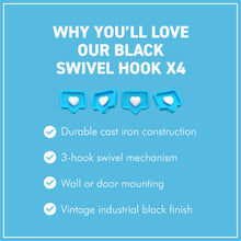 Load image into Gallery viewer, Pack of 4 cast Iron SWIVEL COAT HOOKS Black 3-Hinge Wall &amp; Door Mounted Vintage Style Hooks
