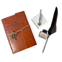 Load image into Gallery viewer, BROWN FEATHER QUILL PEN NOTEBOOK STAND AND INK | Calligraphy Set | Writing Set| Ink Pen | Leather Bound Notebook | Feather Pen | Creative Writing | Script
