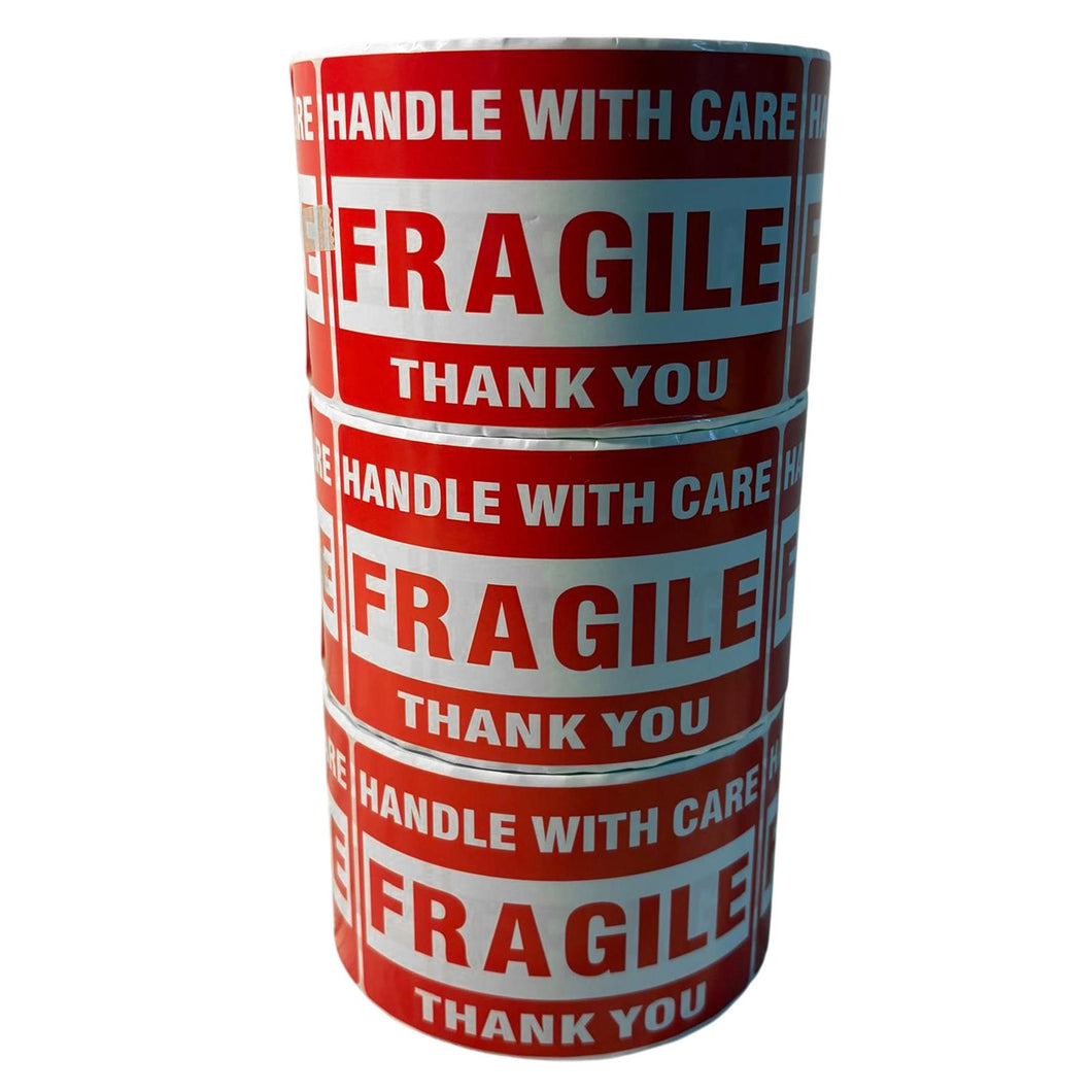 Three Rolls Premium Fragile Warning Stickers – Self-Adhesive “Fragile Handle with Care” Shipping Labels, 1000 Stickers per Roll, Bright Red & White, Waterproof & Tear-Resistant, for Boxes, Parcels & Packages
