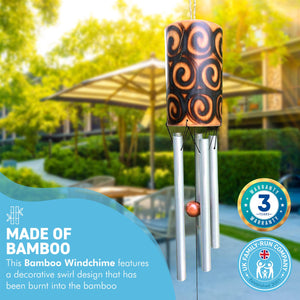 44cm Length Indonesian Home and Garden Bamboo Burnt Swirl Windchime | chime ornament | wooden wind chimes | Classic Zen Garden windchime for relaxation | Bamboo wind chimes for garden.
