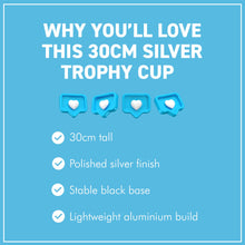 Load image into Gallery viewer, The 30cm Silver Trophy Cup – Aluminium with a Contrasting Black Base
