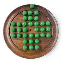 Load image into Gallery viewer, 30cm Diameter WOODEN SOLITAIRE BOARD GAME with Pea Green Glass Marbles | |classic wooden solitaire game | strategy board game | family board game | games for one | board games
