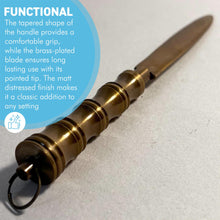 Load image into Gallery viewer, Distressed Brass Letter Opener with ridged brass handle, Envelope Opener for home or office use
