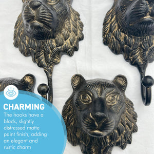 Set of Four Sturdy Wall-Mounted Cast Iron Lion Head Hook Hanger for Hats, Coats, Clothes - Perfect for Kitchen, Bathroom, Bedroom, Office