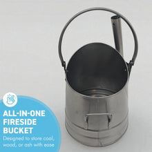 Load image into Gallery viewer, 𝗪𝗔𝗧𝗘𝗥𝗟𝗢𝗢 𝗦𝗧𝗬𝗟𝗘 𝗦𝗜𝗟𝗩𝗘𝗥 𝗙𝗜𝗡𝗜𝗦𝗛 𝗖𝗢𝗔𝗟 &amp; 𝗔𝗦𝗛 𝗕𝗨𝗖𝗞𝗘𝗧 𝗪𝗜𝗧𝗛 𝗦𝗛𝗢𝗩𝗘𝗟 | H29cm x W22cm x D25cm | Heat-Resistant Metal Bucket for Fireplace | Log Burner or Stove | 𝗙𝗜𝗥𝗘𝗦𝗜𝗗𝗘 Accessory for Ash, Coal &amp; Log Storage
