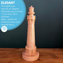 Load image into Gallery viewer, Wood Effect Lighthouse Ornament – 23cm Tall Lighthouse for Coastal Decor

