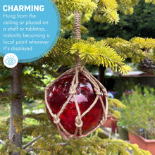 Load image into Gallery viewer, DEEP RED GLASS FISHING FLOAT ORNAMENTAL SEA BUOY | hand blown | nautical seafaring fishing rustic décor | 10cm diameter | with rustic brown string netting and hanging loop | Japanese style glass fishing floats
