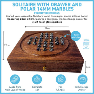 Wooden Solitaire with Drawer for Polar Marbles | Travel Games | Strategic & Traditional Games | Perfect for Adults & Family Fun