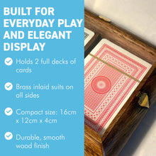 Load image into Gallery viewer, 𝗟𝗨𝗫𝗨𝗥𝗬 𝗪𝗢𝗢𝗗𝗘𝗡 𝗣𝗟𝗔𝗬𝗜𝗡𝗚 𝗖𝗔𝗥𝗗 𝗕𝗢𝗫 – 2 Decks, Brass Inlay, clear hinged lid
