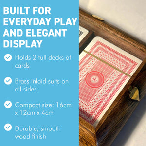 𝗟𝗨𝗫𝗨𝗥𝗬 𝗪𝗢𝗢𝗗𝗘𝗡 𝗣𝗟𝗔𝗬𝗜𝗡𝗚 𝗖𝗔𝗥𝗗 𝗕𝗢𝗫 – 2 Decks, Brass Inlay, clear hinged lid