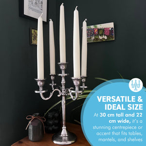 Elegant 5-Arm Silver Candelabra, 30cm – Distressed Nickel Finish Metal Candle Holder for Table Decor, Weddings & Events