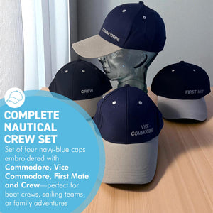 Set of 4 Adjustable Navy-Blue Baseball Caps, Commodore, Engineer, First Mate and Crew, Nautical Boating Hats for Sailing, Yachting & Team Uniform